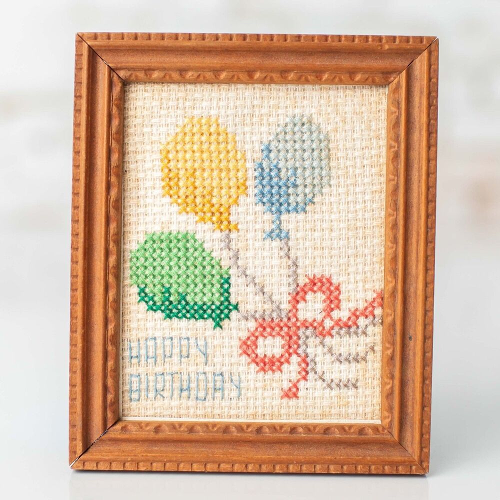 Vintage Happy Birthday Cross Stitch Balloons Scissors Framed Needlepoint Art
